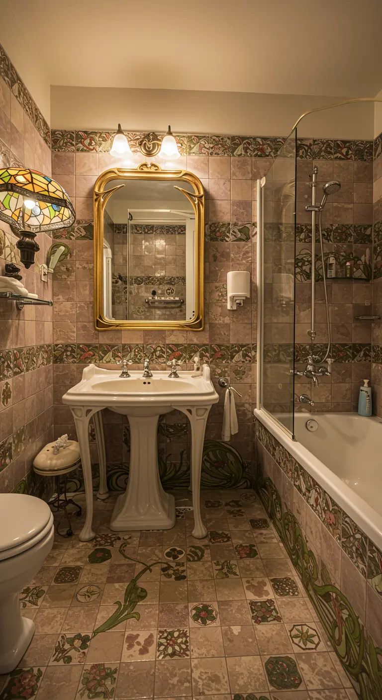 Bathroom fully tiled with pink and green Art Nouveau floral patterns.