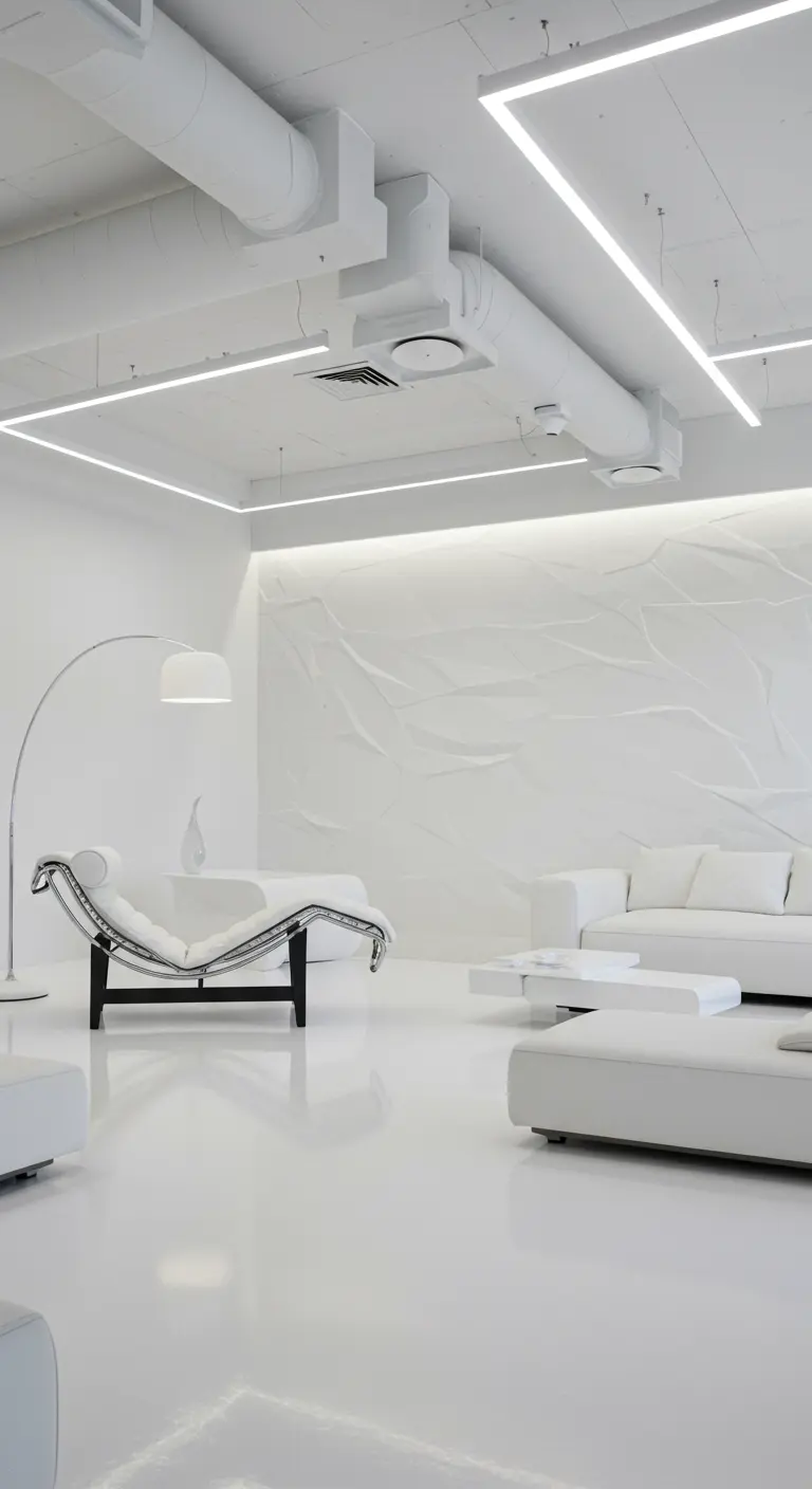 An all-white minimalist loft with a sculptural accent wall and high-gloss white floors.
