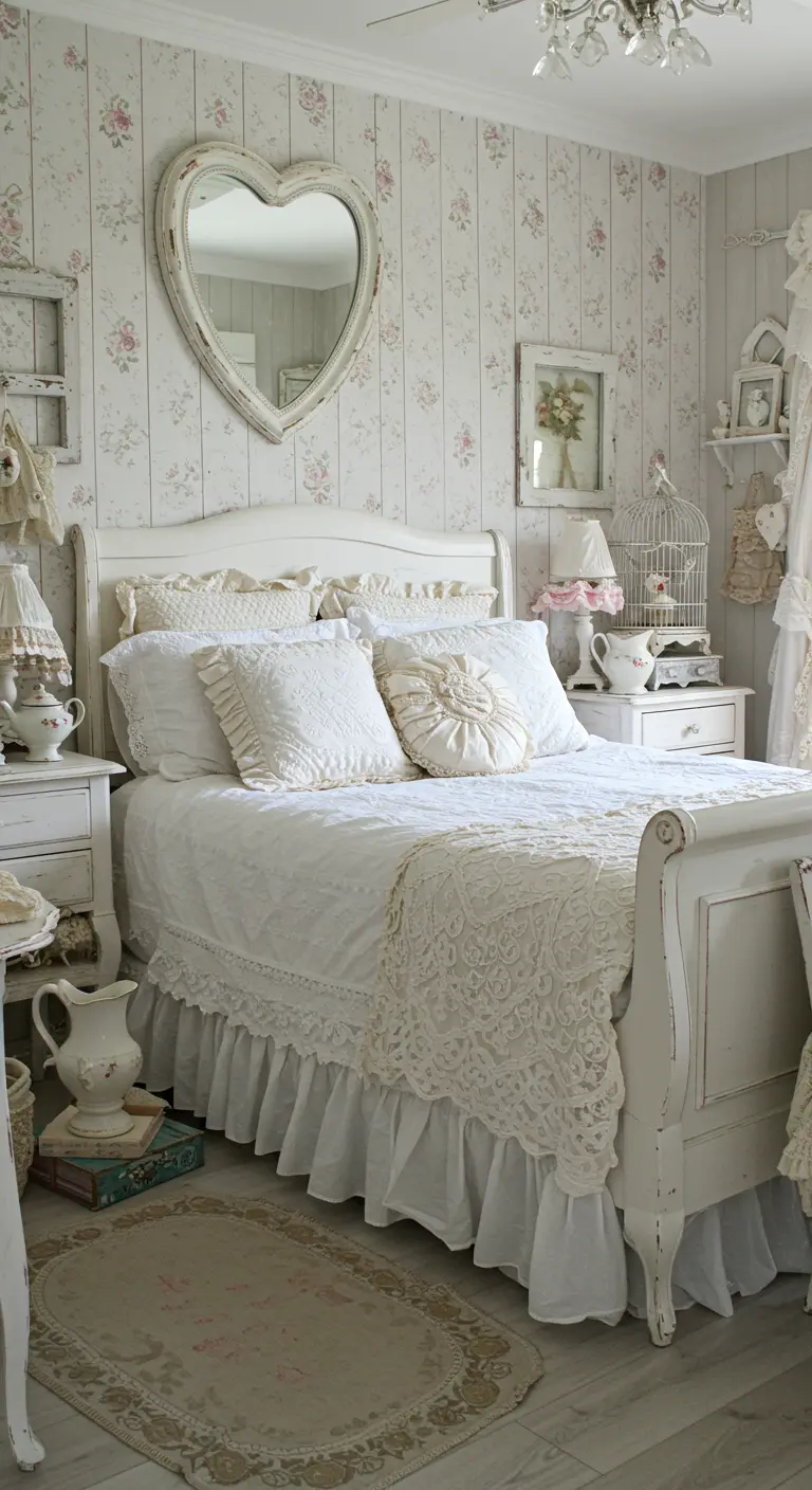 Shabby chic bedroom with white floral wallpaper, a distressed white bed, and a heart-shaped mirror.