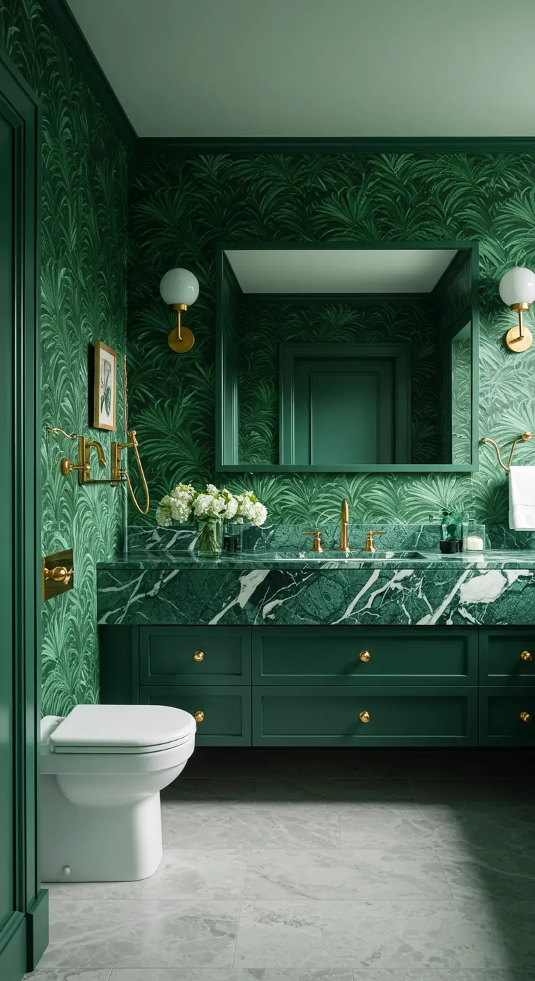 A monochromatic green bathroom with palm wallpaper, a green vanity, and green marble.