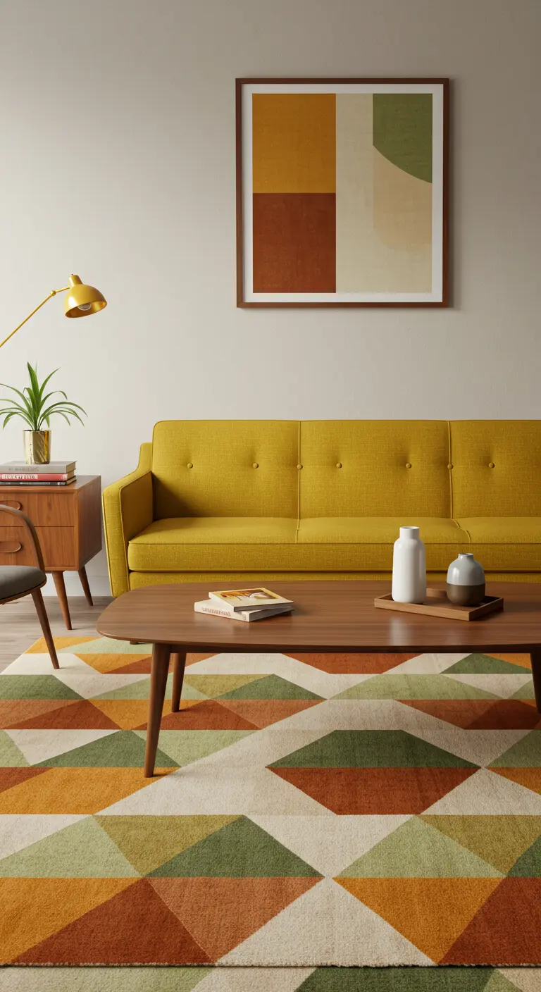 A mustard yellow mid-century sofa sits in front of a geometric rug with earthy tones.