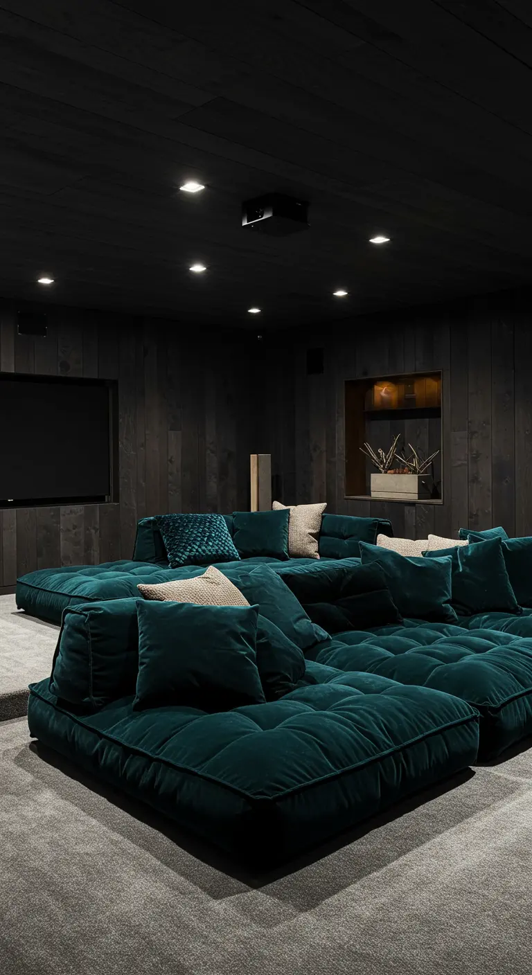 A dark media room filled with a large, modular deep teal velvet sofa.