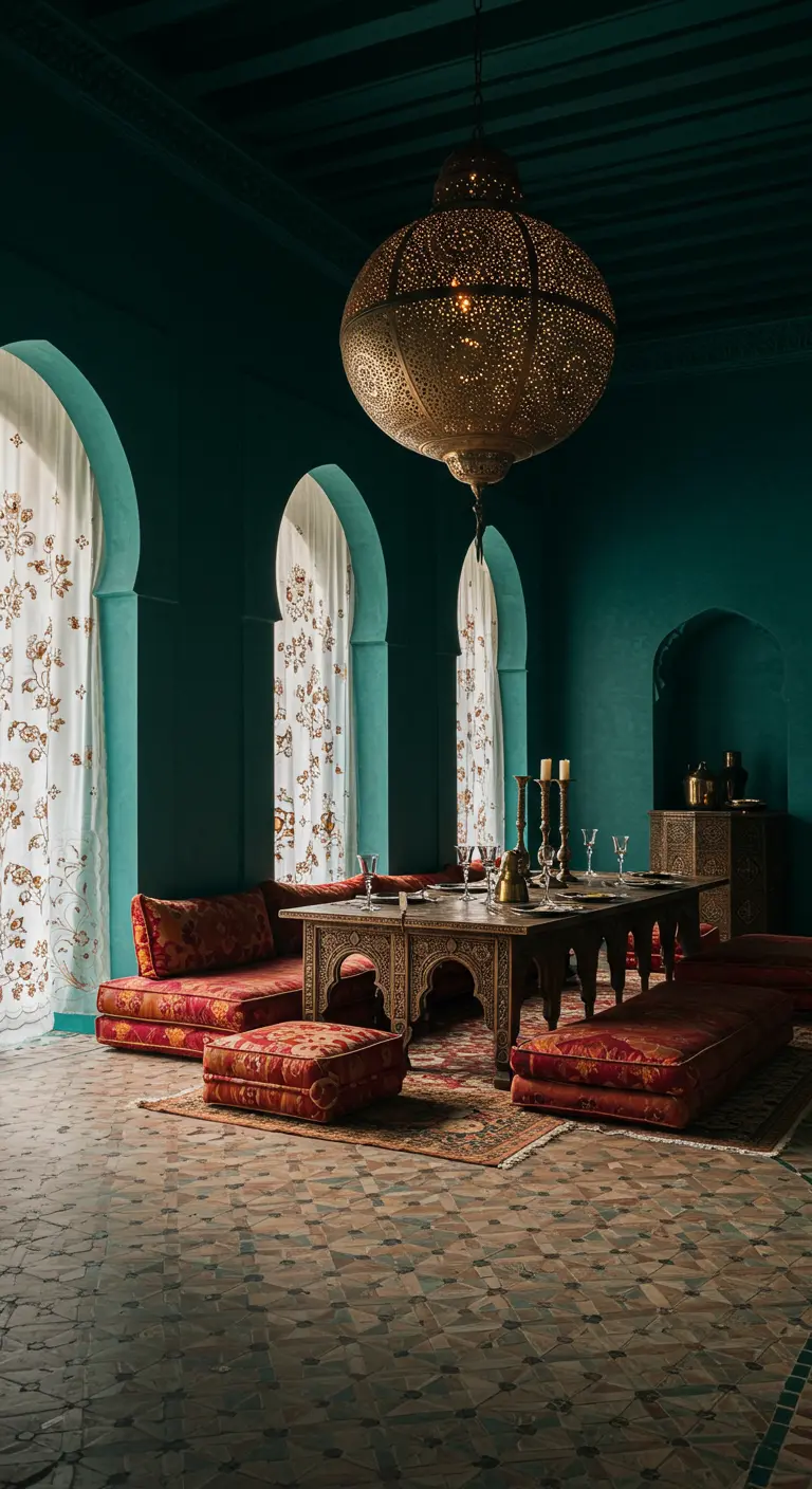 Moody Moroccan dining room with teal walls, low seating, and a large brass lantern.