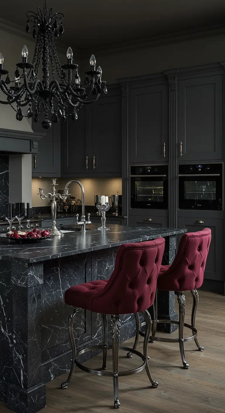 A moody dark grey kitchen with a black chandelier and tufted burgundy velvet stools.