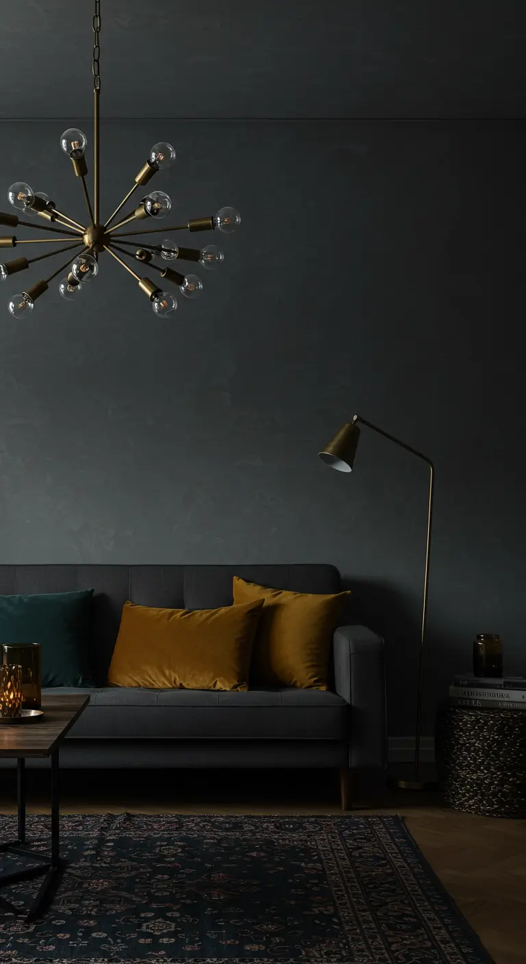 A charcoal grey sofa with mustard velvet pillows under a brass sputnik chandelier.