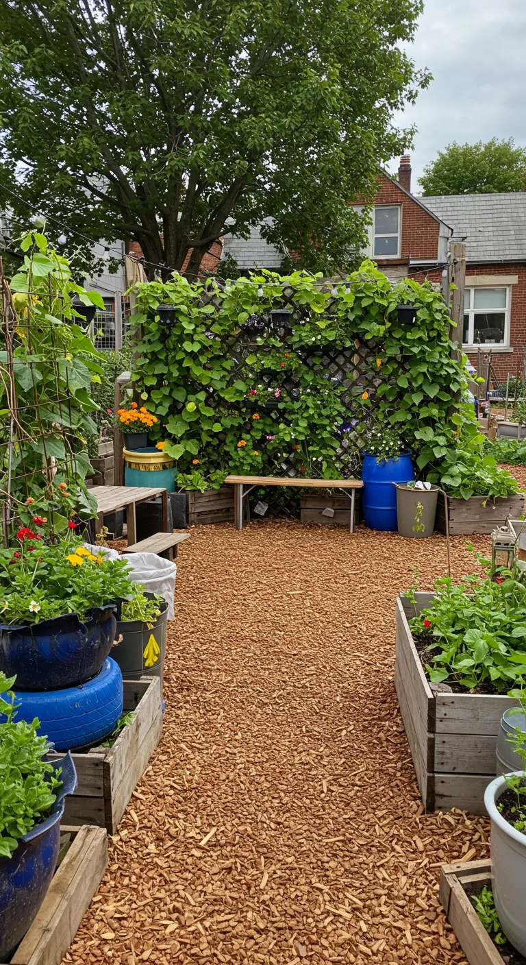 Community garden with raised beds, a large vertical green wall, and wood chip path.