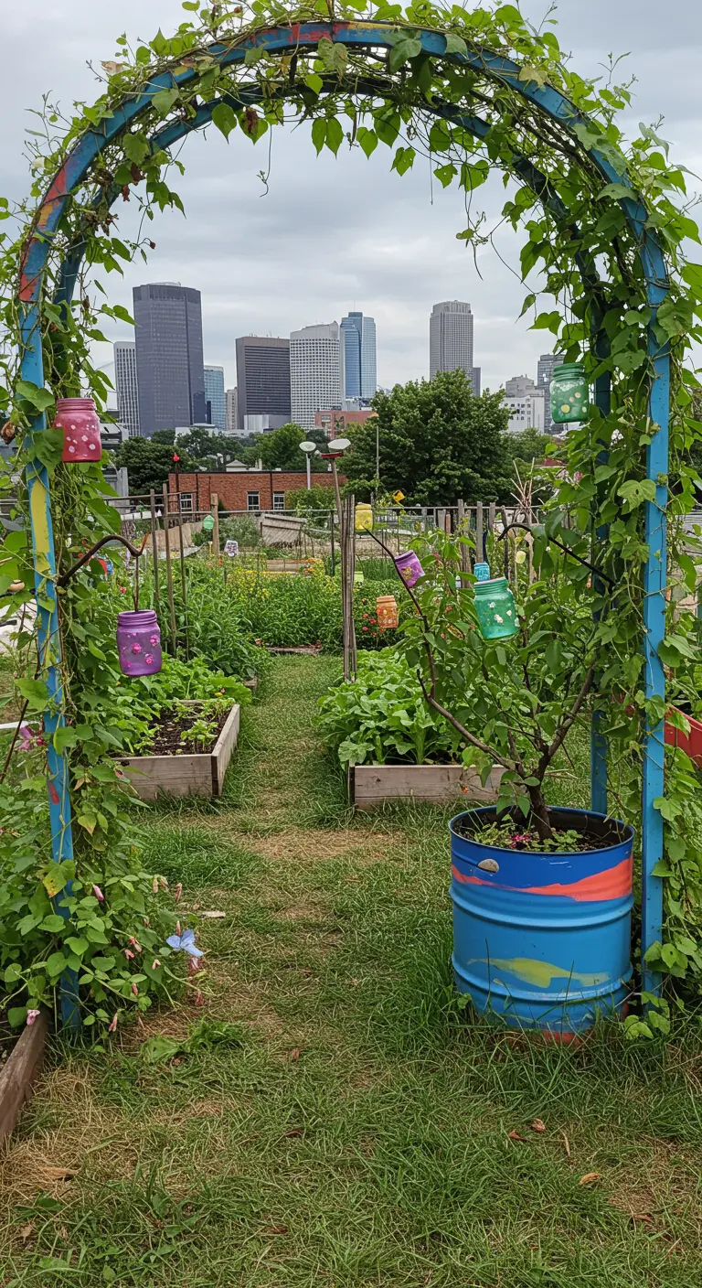 A community garden with a blue archway decorated with colorful hanging can planters.