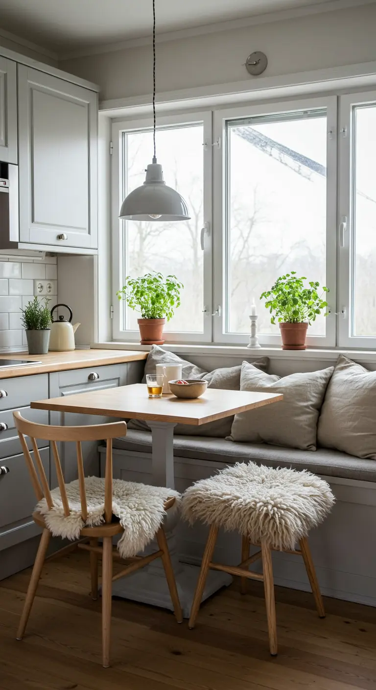 Small kitchen dining nook with a square table, window bench, chair with sheepskin, and a wooden stool with sheepskin.