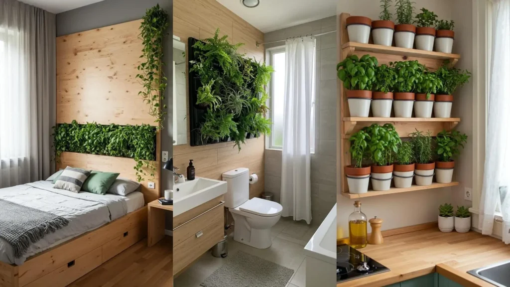 Compact rooms with garden vibes featuring vertical plant walls, light wood furniture, and sheer curtains.