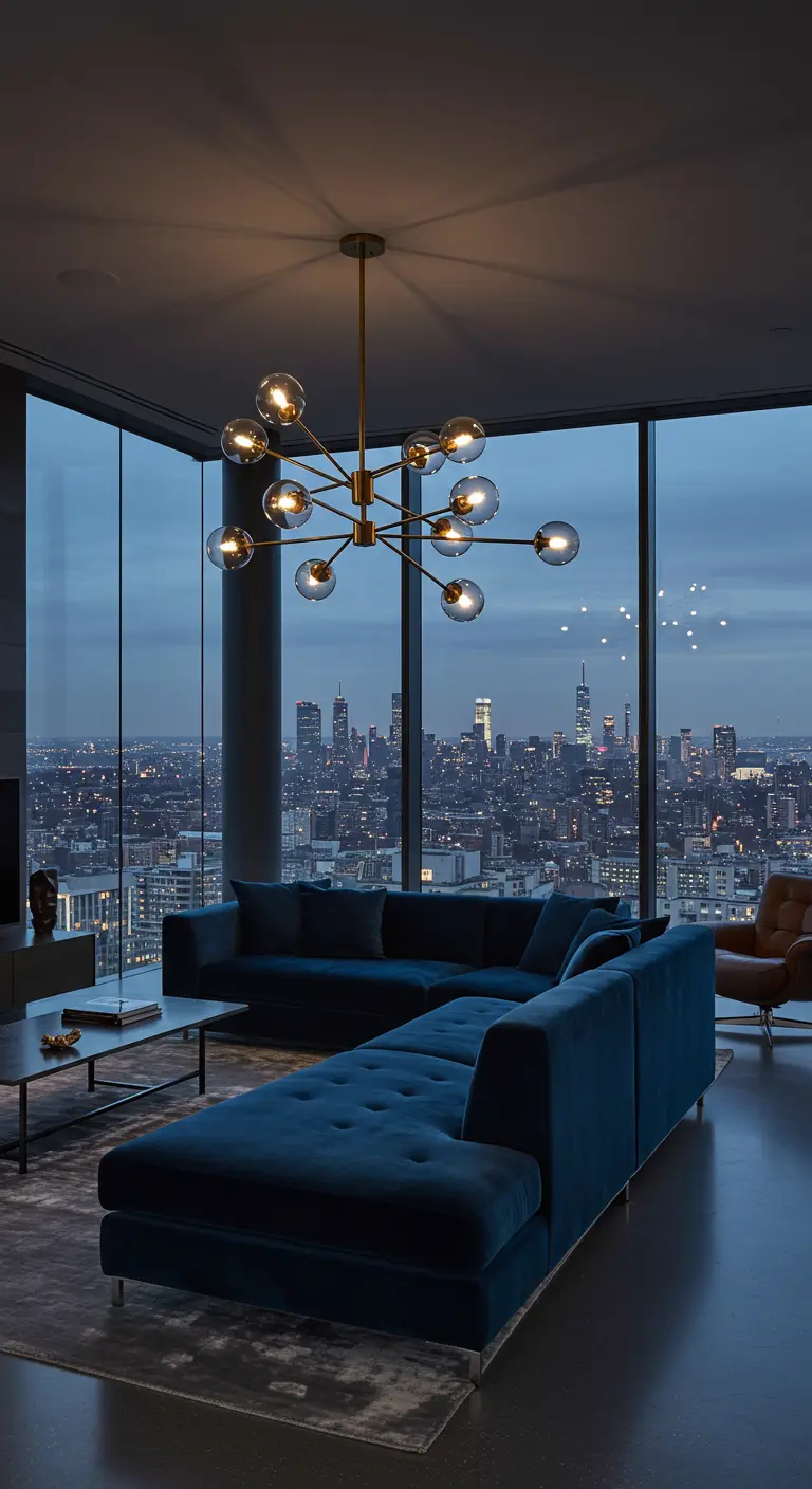 A modern apartment with a large blue velvet sectional overlooking a city skyline at dusk.