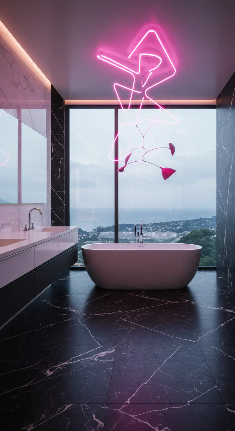Luxury bathroom with black marble, a large window, and a hanging pink neon mobile.