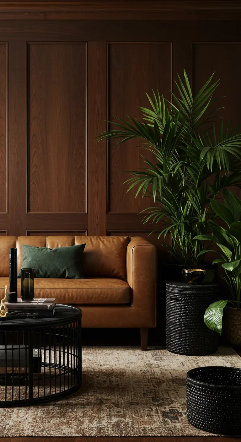 A sophisticated living room with dark wood walls, a leather sofa, and a large palm in a black basket.