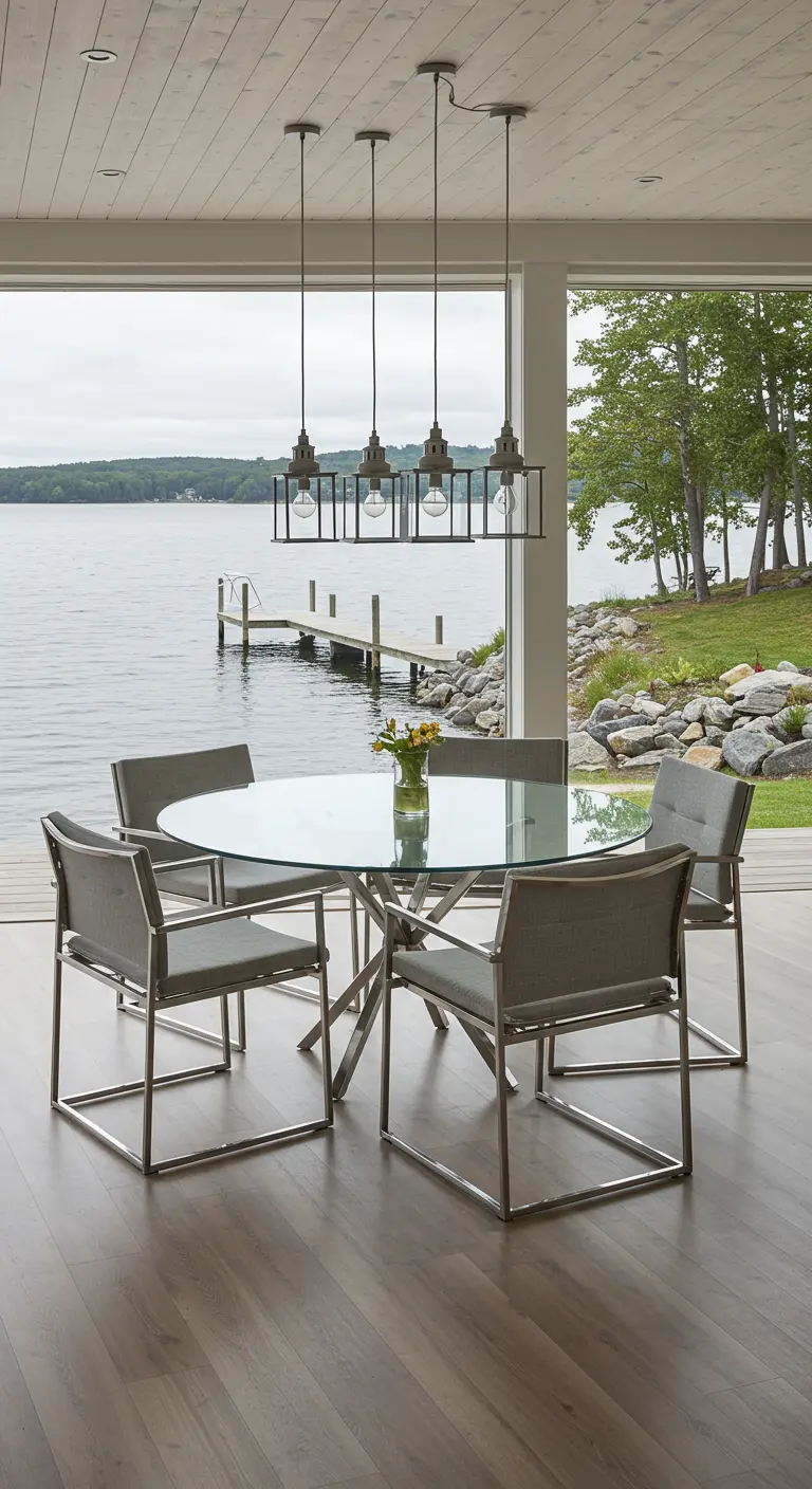 Round glass dining table overlooking a lake, with a modern linear light fixture.