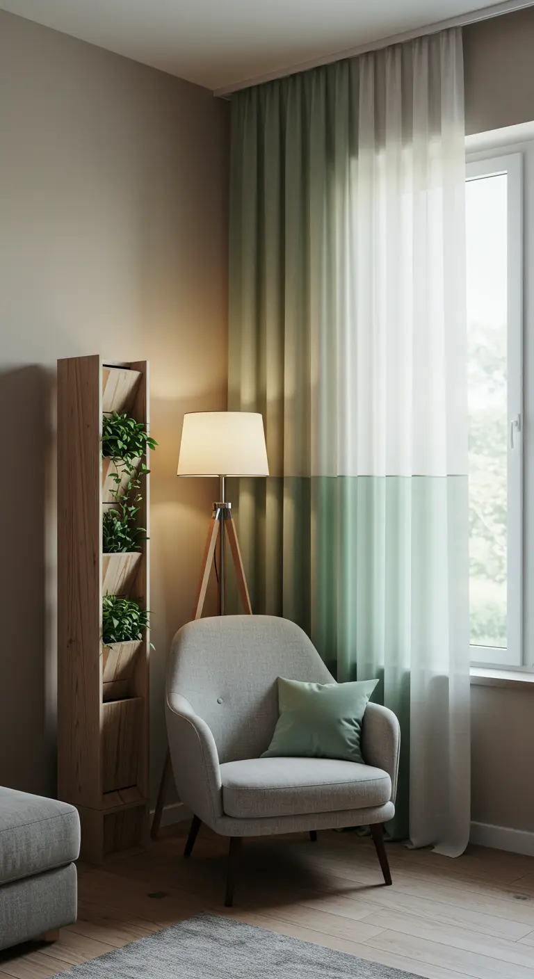 A cozy armchair next to a tall wood planter and a window with two-toned green and white curtains.