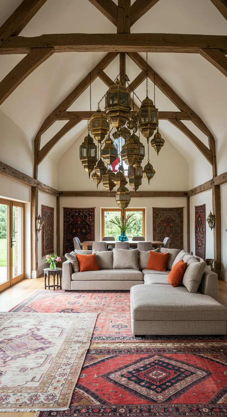 A rustic room with high, beamed ceilings and a massive cluster of hanging Moroccan lanterns.