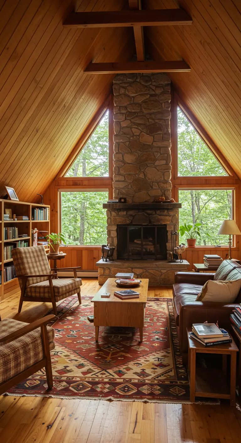 Cozy A-frame cabin living room with stone fireplace, plaid chairs, and a red oriental rug.