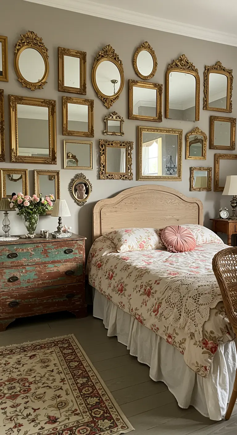 A gallery wall composed of numerous ornate, gold-framed vintage mirrors of different sizes.