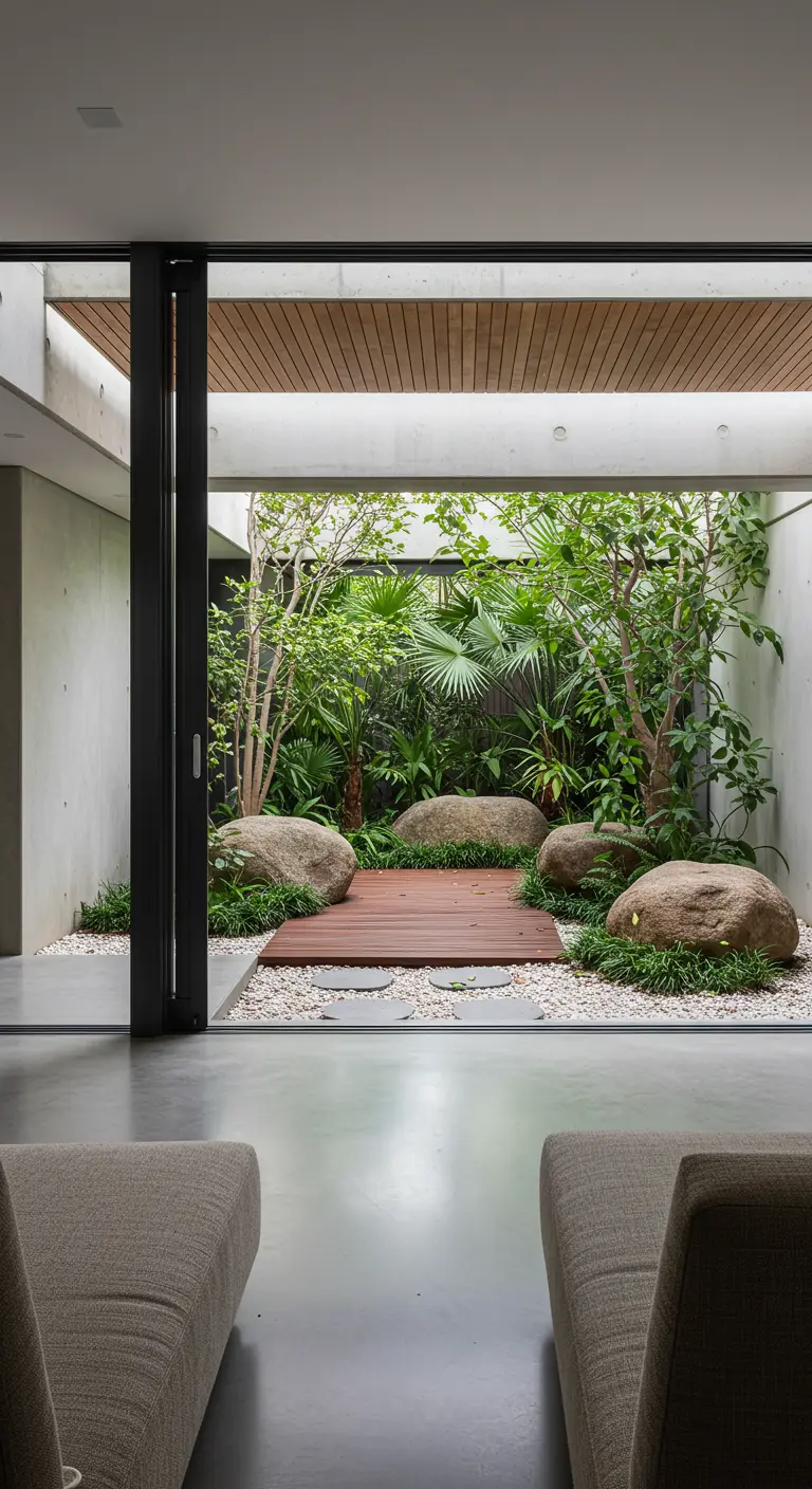 View through a sliding glass door to a zen courtyard with a deck, gravel, and boulders.