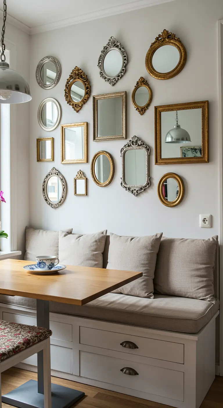 A gallery wall of assorted vintage-style mirrors in gold and silver frames above a dining bench.