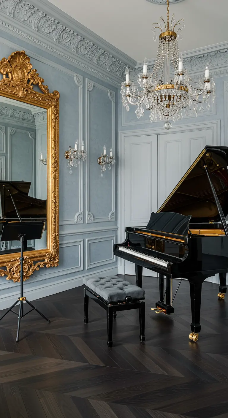 Music room with a grand piano, dusty blue walls, a large gold mirror, and a chandelier.