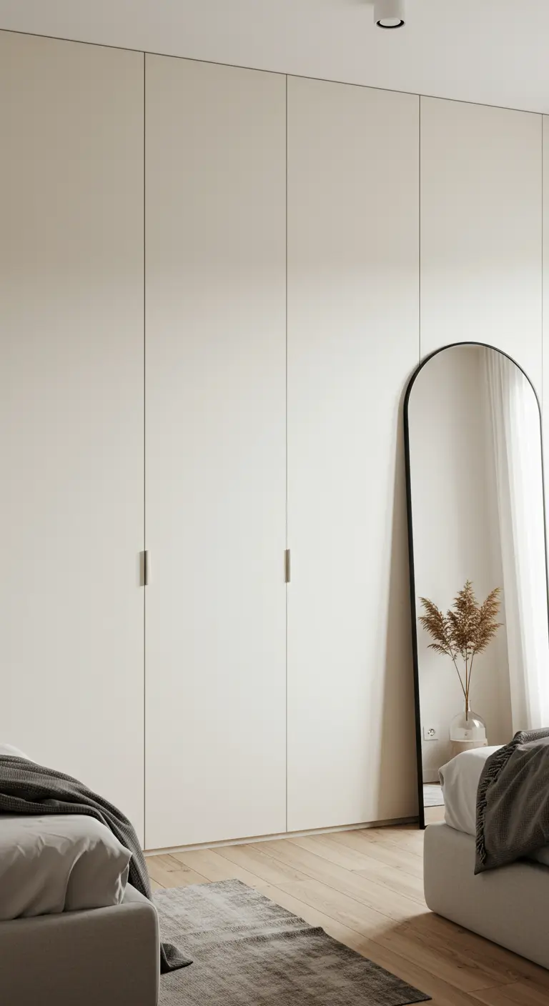 A minimalist bedroom with seamless white wardrobes and a large, black-framed arched floor mirror.
