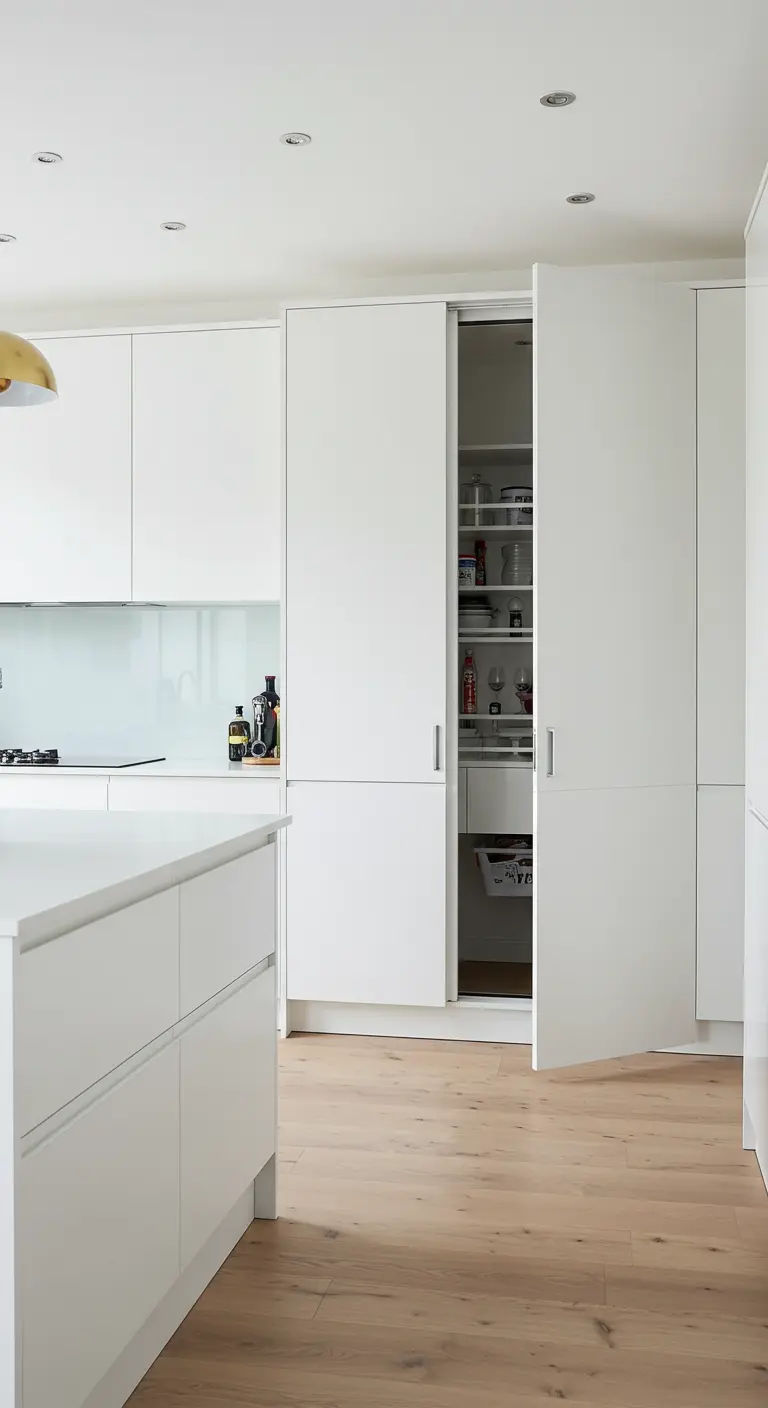 A white kitchen with large pantry doors that slide open to reveal shelved storage.
