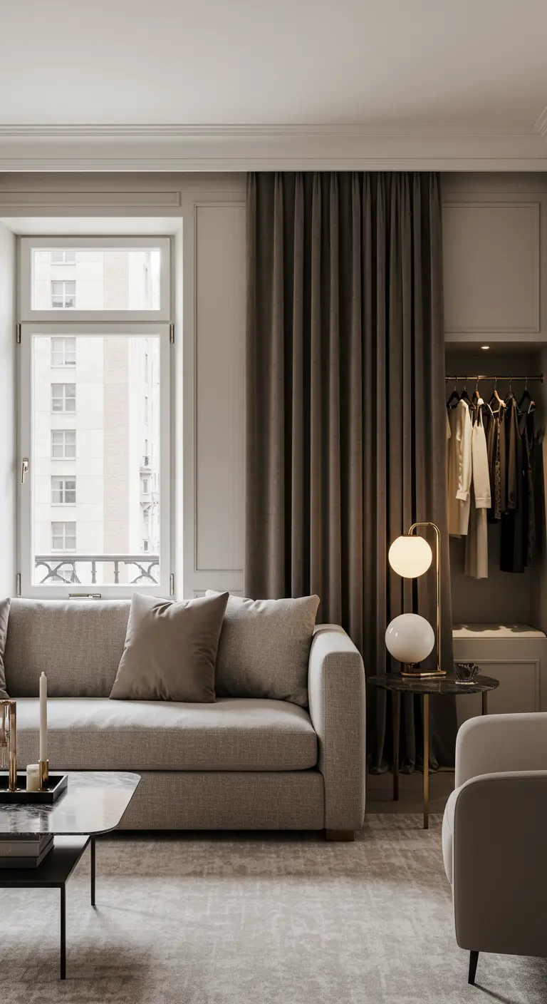 A grey sofa in a chic living room with heavy curtains concealing a closet.