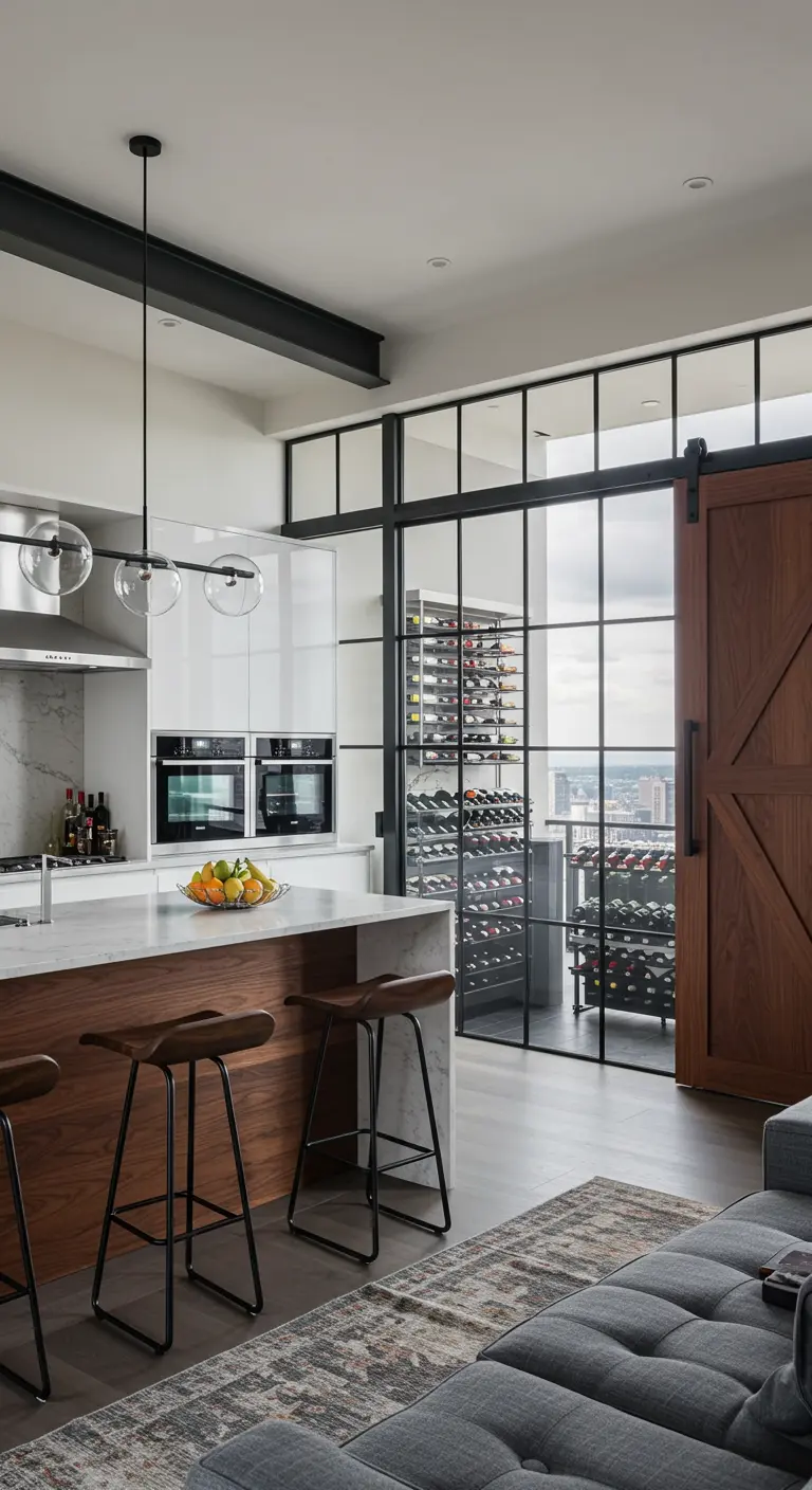 Modern kitchen with a wood barn door concealing a glass-enclosed wine cellar.