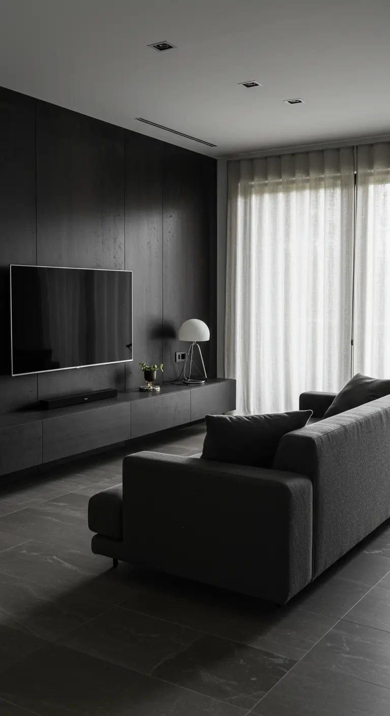 A sleek, dark media wall with integrated cabinets and a wall-mounted television.