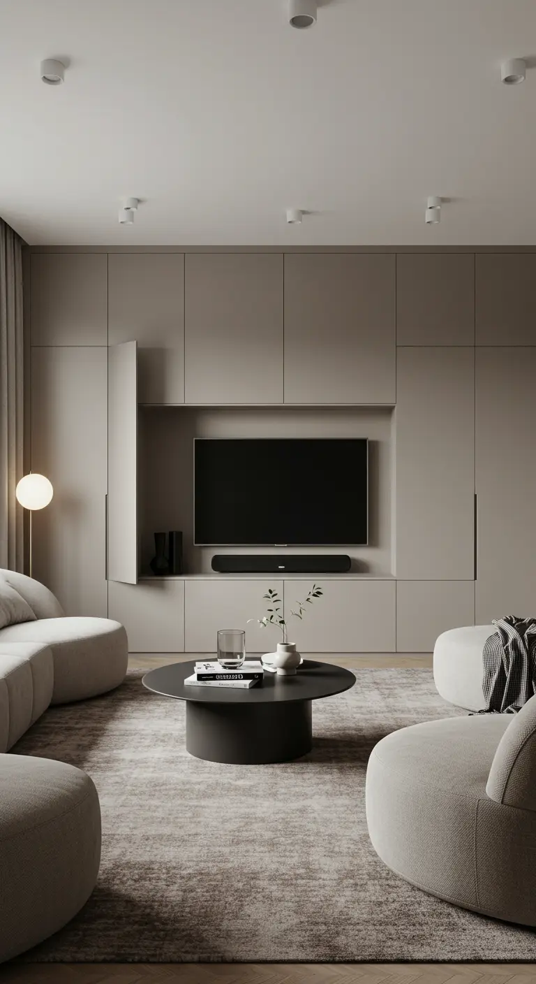 A muted greige wall unit with pocket doors opening to reveal a hidden television.