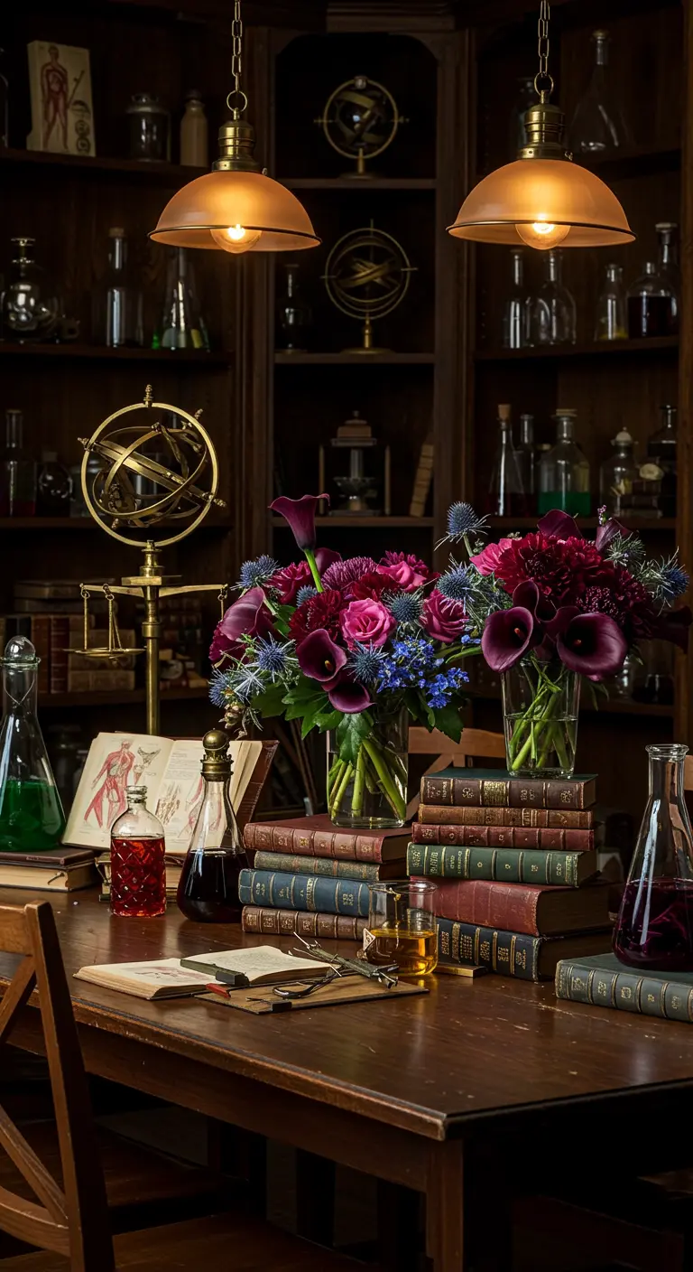 A library table decorated with apothecary jars, scientific instruments, and dark floral arrangements.