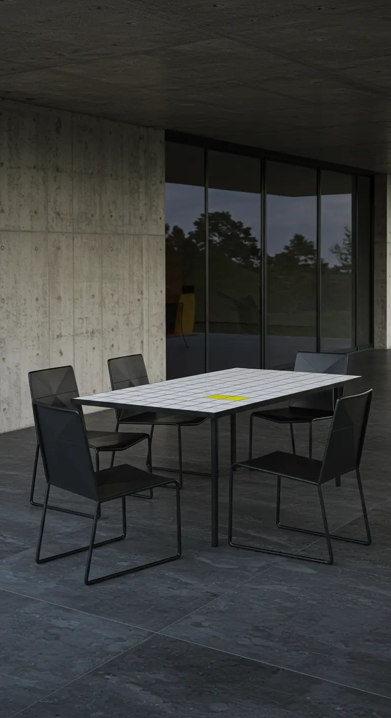 Modern black chairs and a white tiled table with a yellow accent on a concrete patio.