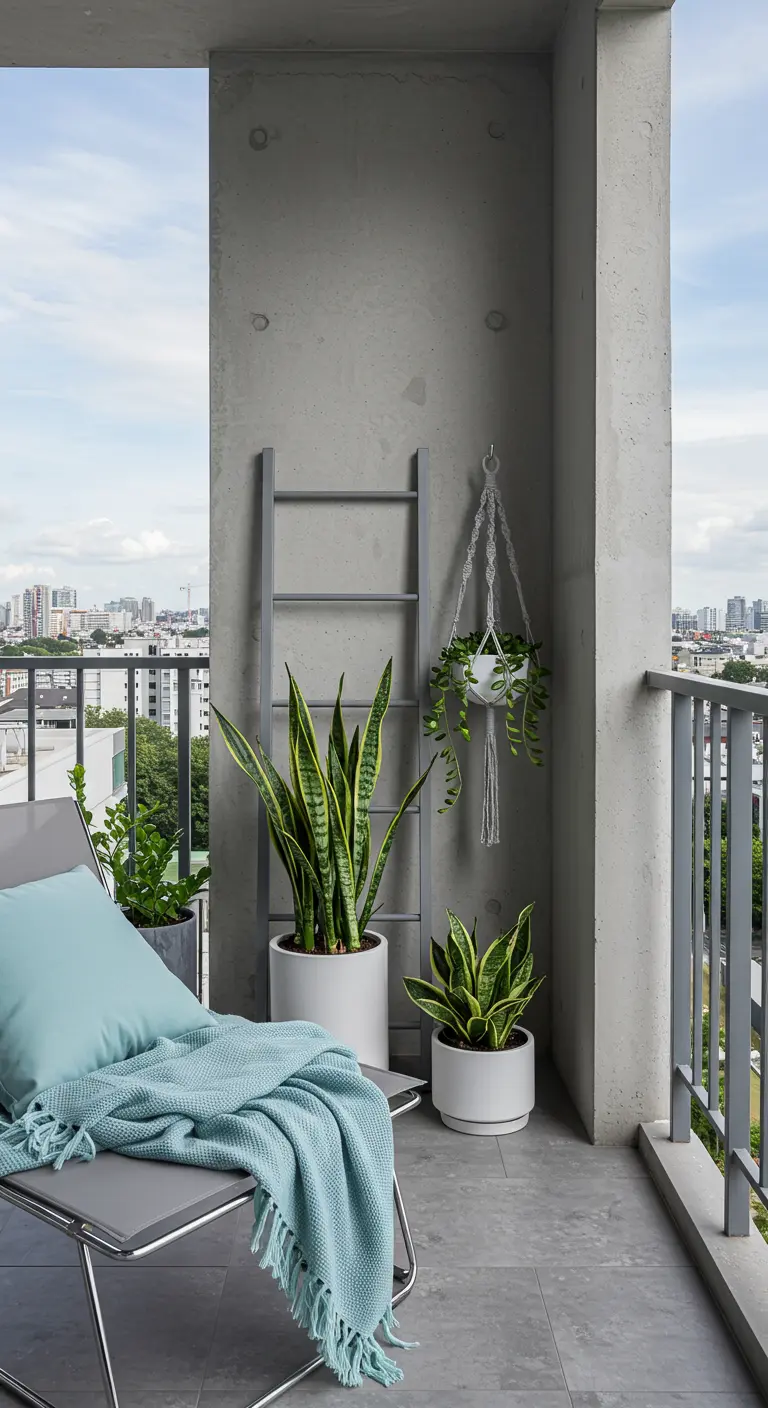 Minimalist concrete balcony with snake plants and a modern grey chair.