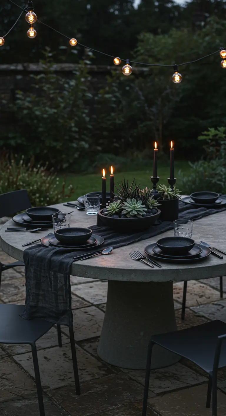 An outdoor concrete dining table set with matte black dishes and a succulent centerpiece.