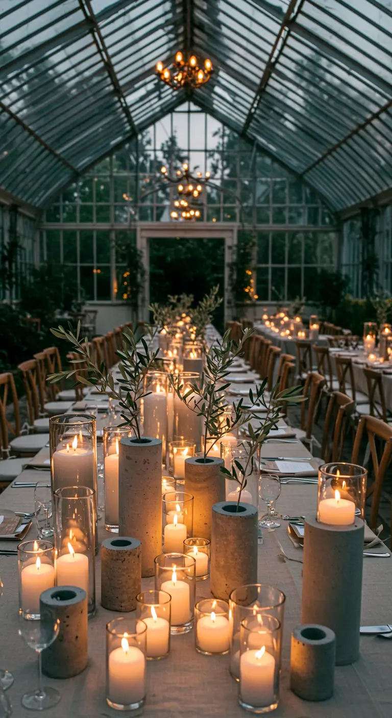 A long table in a greenhouse with concrete vases, olive branches, and dozens of candles.