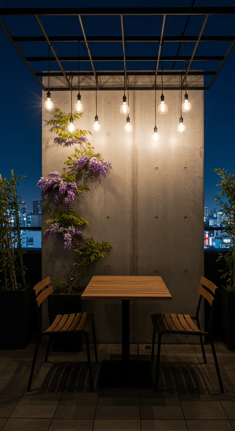 A minimalist rooftop nook with a concrete wall, climbing wisteria, and hanging Edison bulbs.