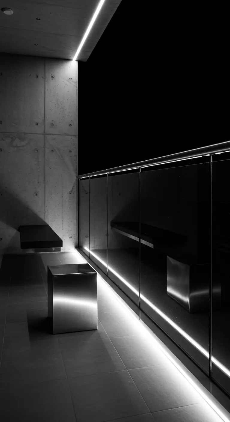 Minimalist black and white balcony with concrete walls and a bright LED light strip.