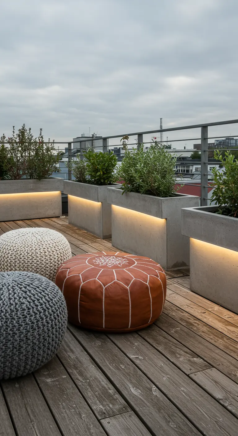 Rooftop deck with concrete planters, a brown leather pouf, and grey knit poufs.