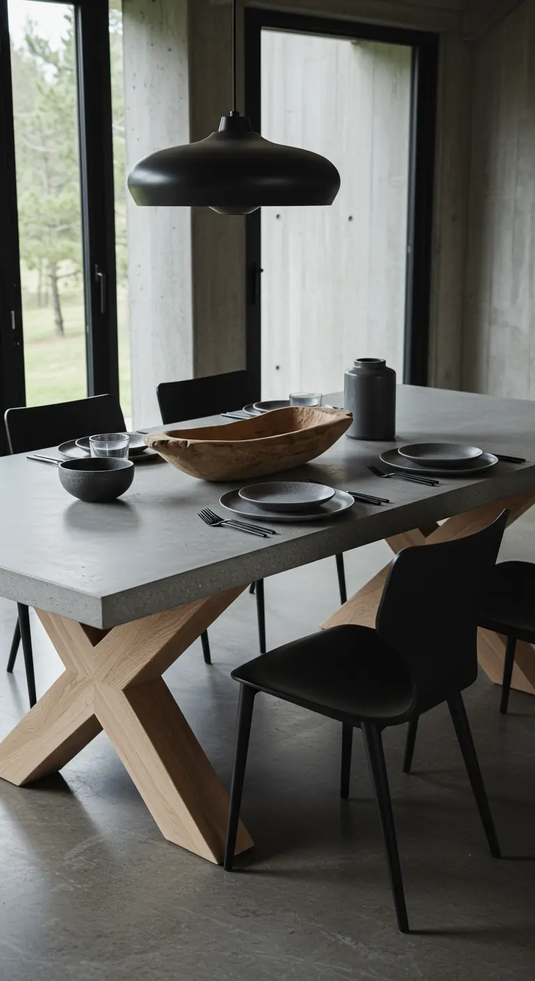A dining table with a concrete top, an oak base, and a large wooden bowl centerpiece.