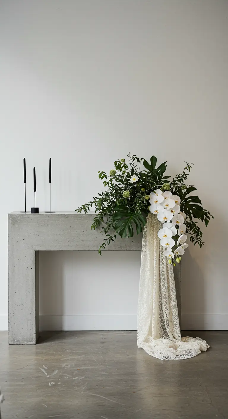 A modern concrete console table with a cascading arrangement of white orchids and greenery.