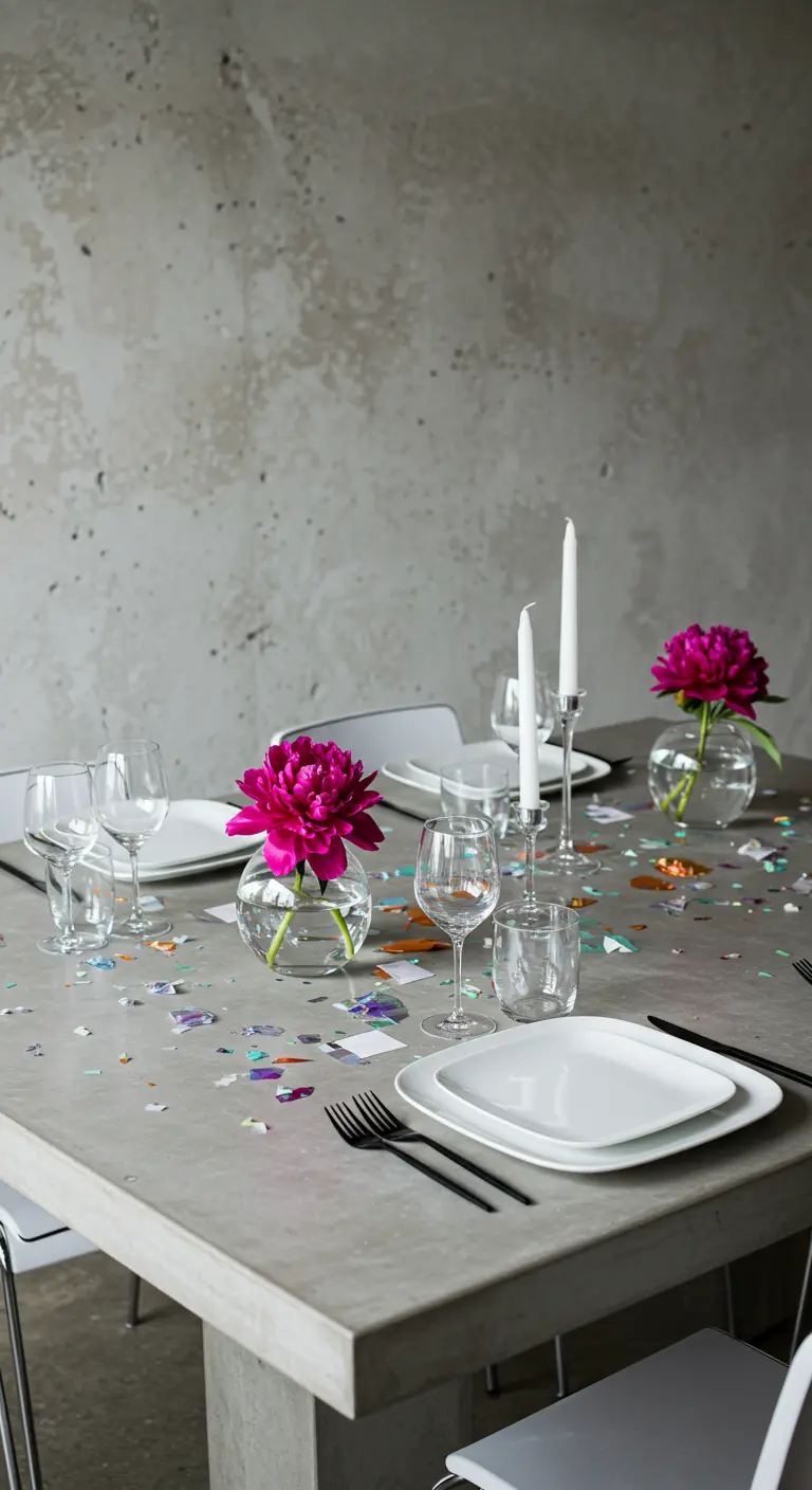 Minimalist concrete table with bright pink peonies and white square plates.
