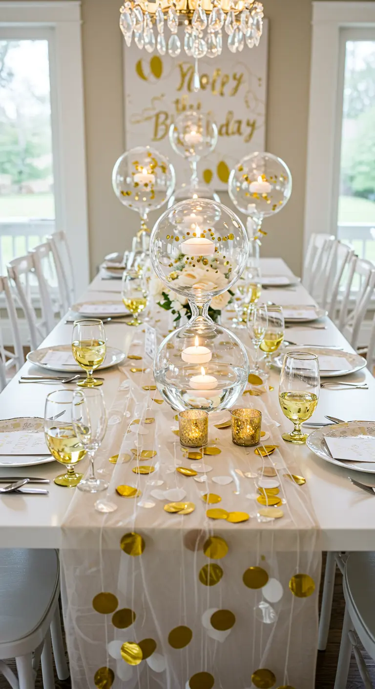 A white table with a confetti runner and unique bubble-shaped floating candle holders.