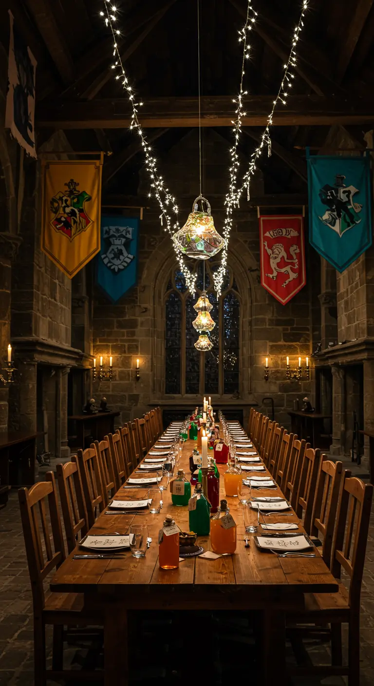 A long table set for a Harry Potter-themed feast with hanging lights and house banners.