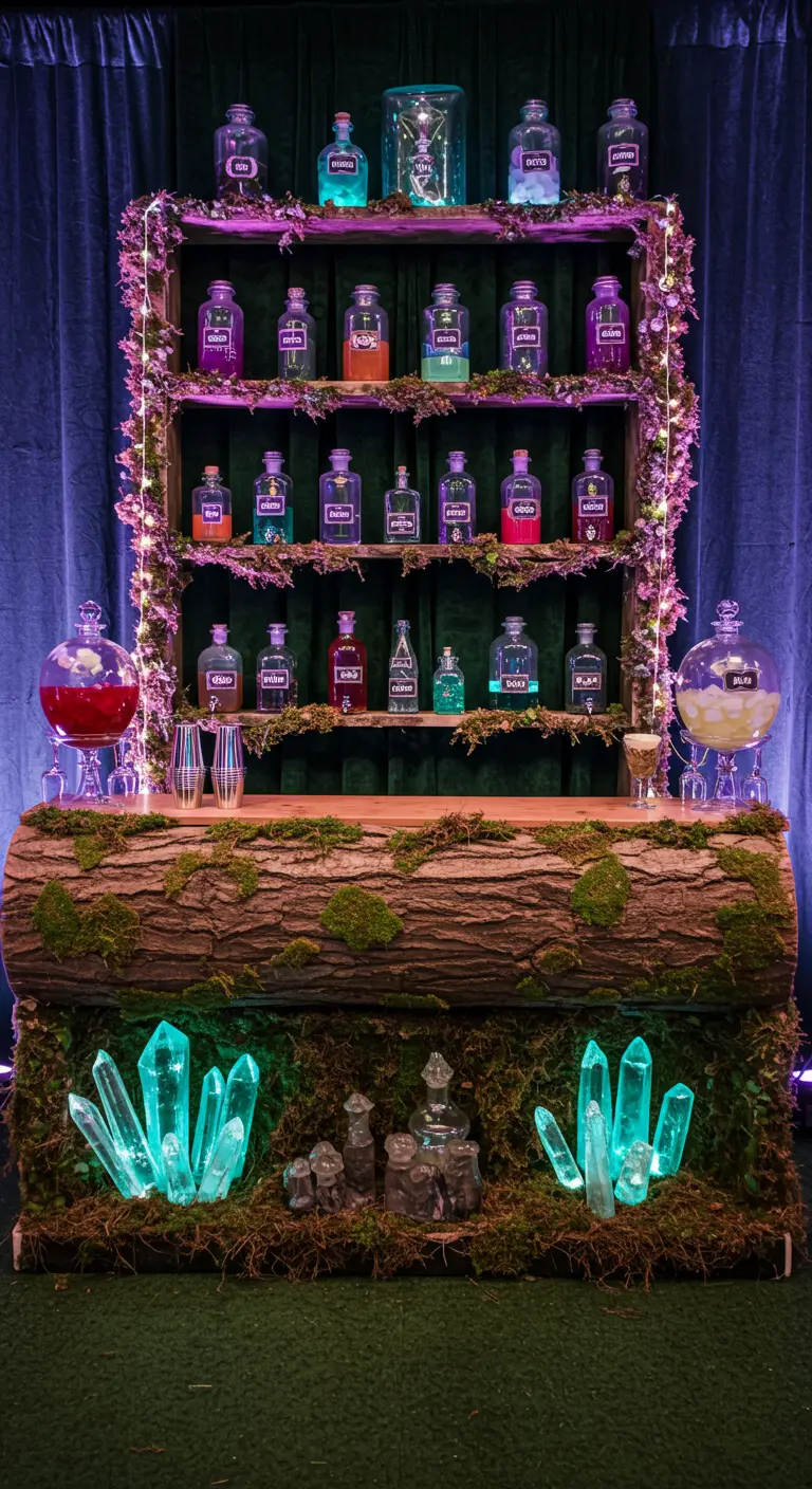 A potion bar with colorful drinks in labeled bottles, glowing crystals, and mossy decor.