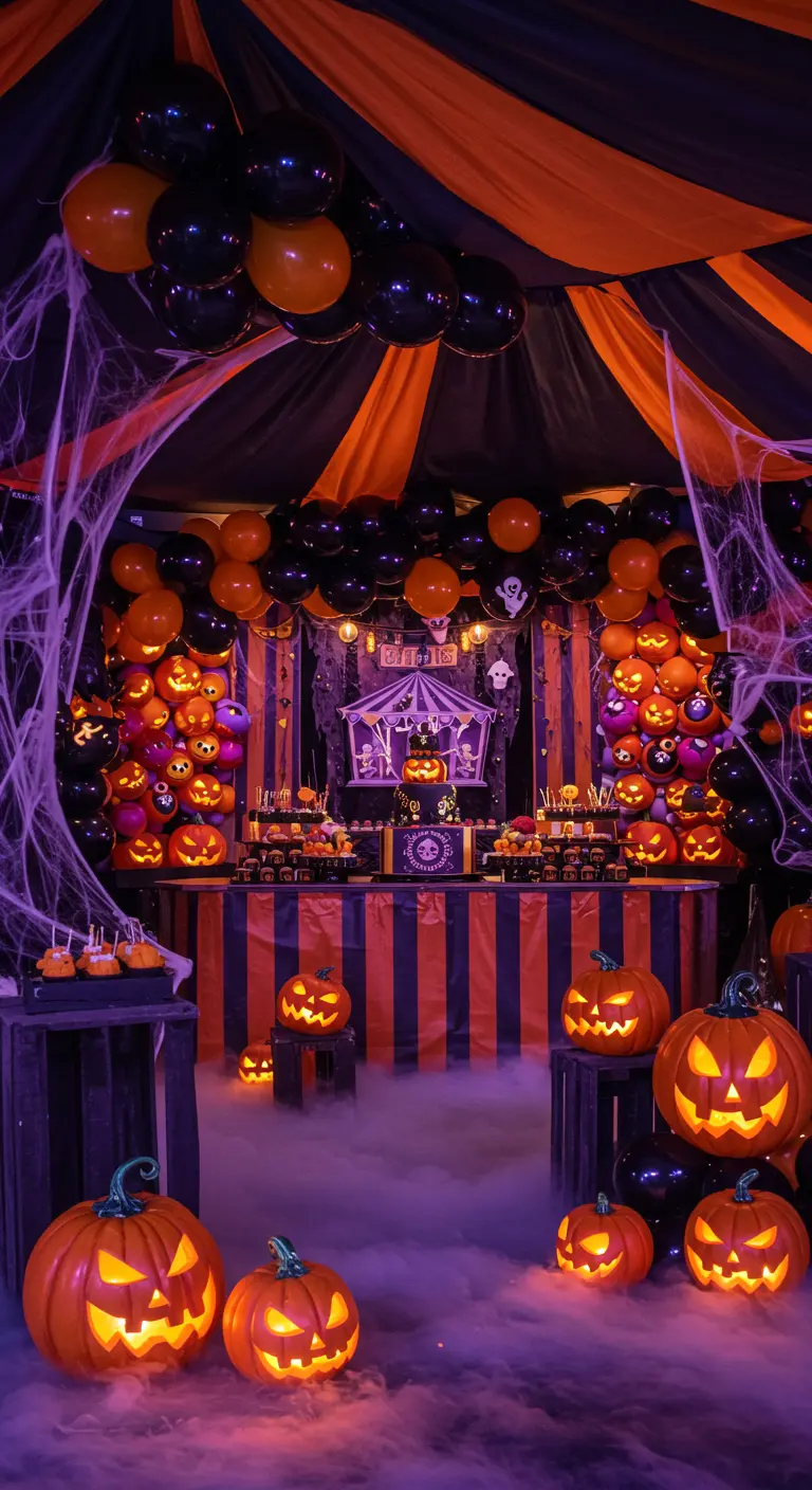 A Halloween carnival with orange and black stripes, jack-o'-lanterns, and purple fog.