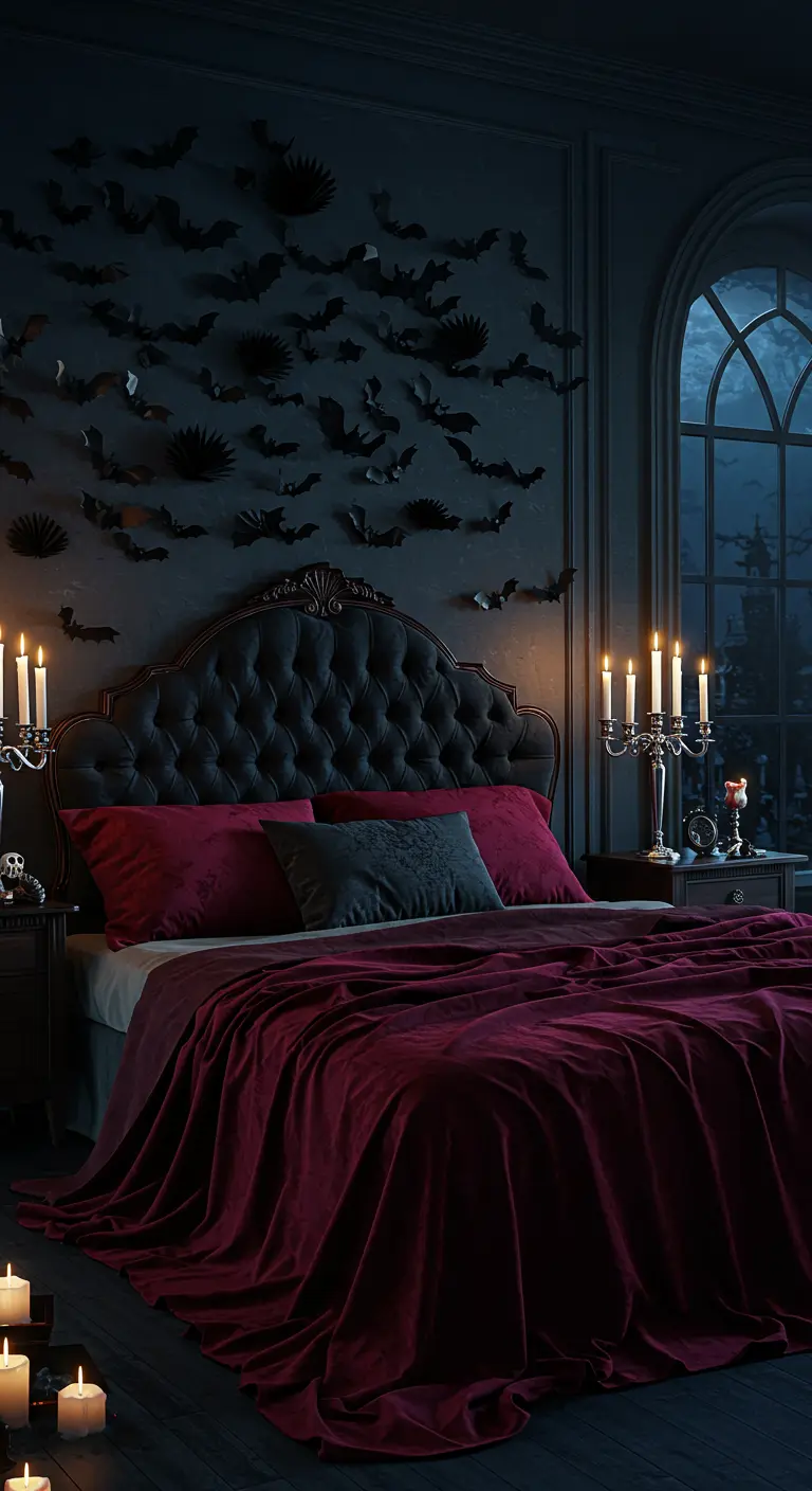 A gothic bedroom with black bats on the wall, a tufted headboard, and red velvet bedding.