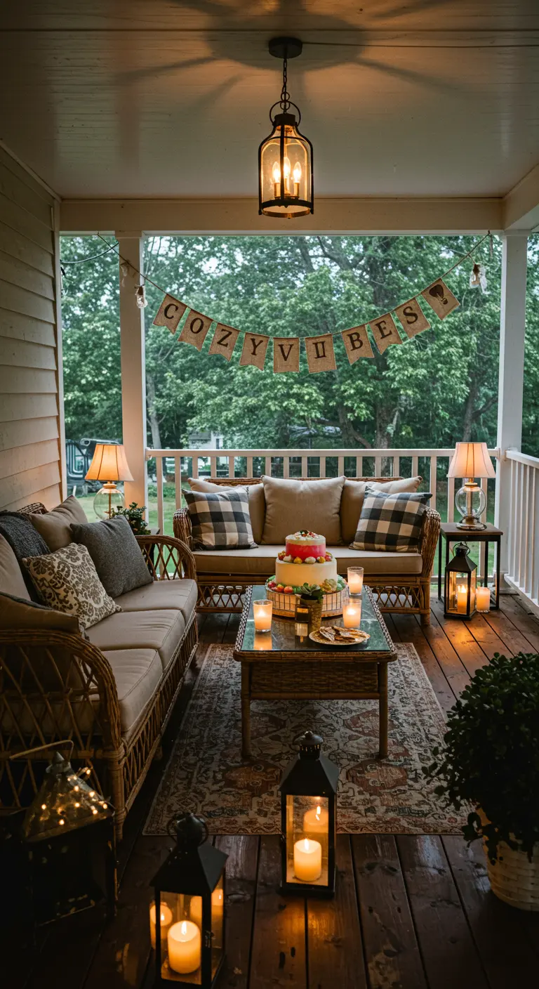 A cozy, well-lit porch with wicker sofas, a 'COZY VIBES' banner, and candle lanterns.
