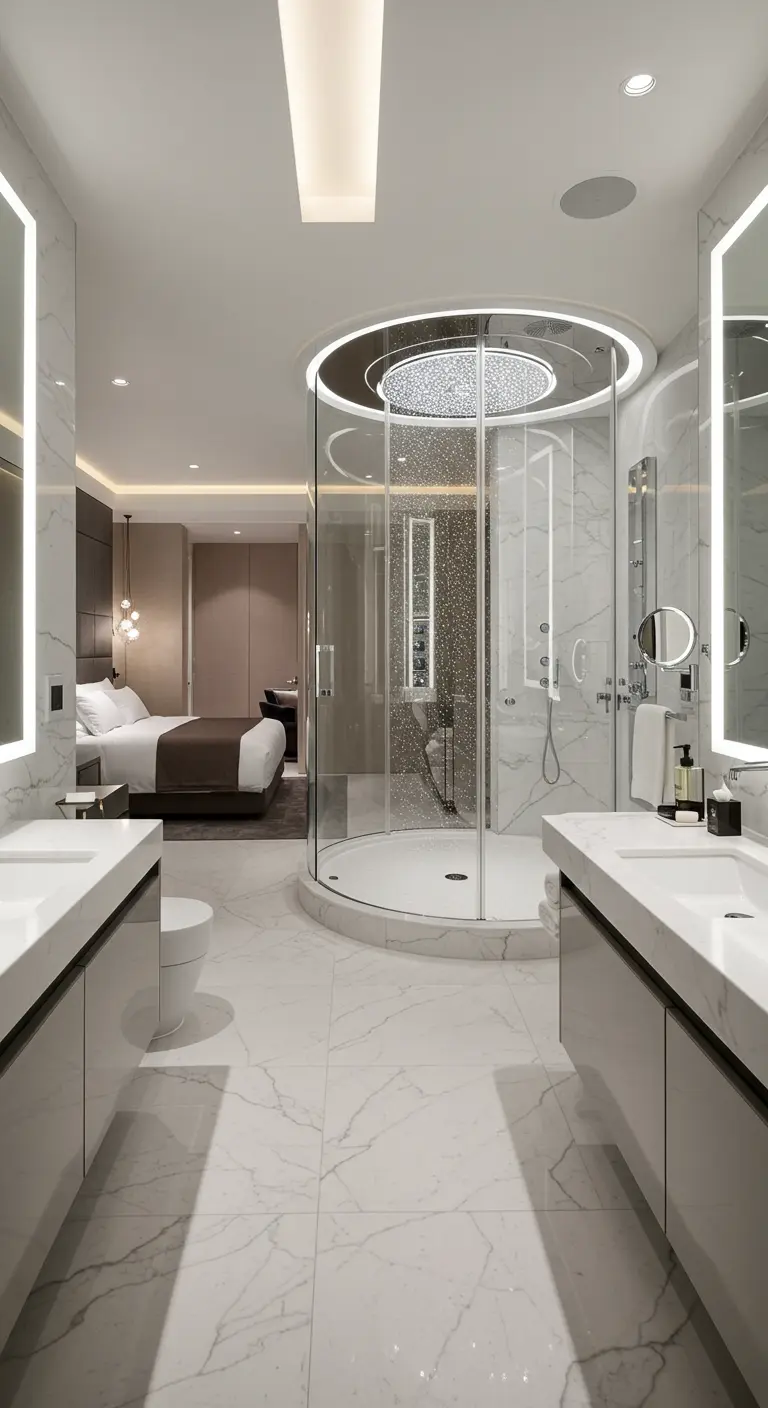 A white marble bathroom with a central glass shower, open to the adjacent master bedroom.