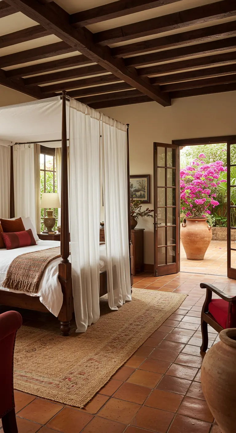 Romantic bedroom with a four-poster bed and doors open to a garden.