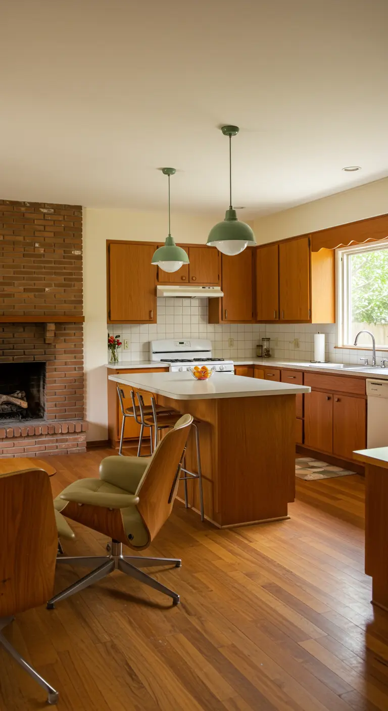Open-plan kitchen with teak cabinets and a brick fireplace in the living area.